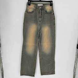 DEVELOP Womens High Rise Straight Leg Jeans Grey Green Dirty Wash Size S Korea